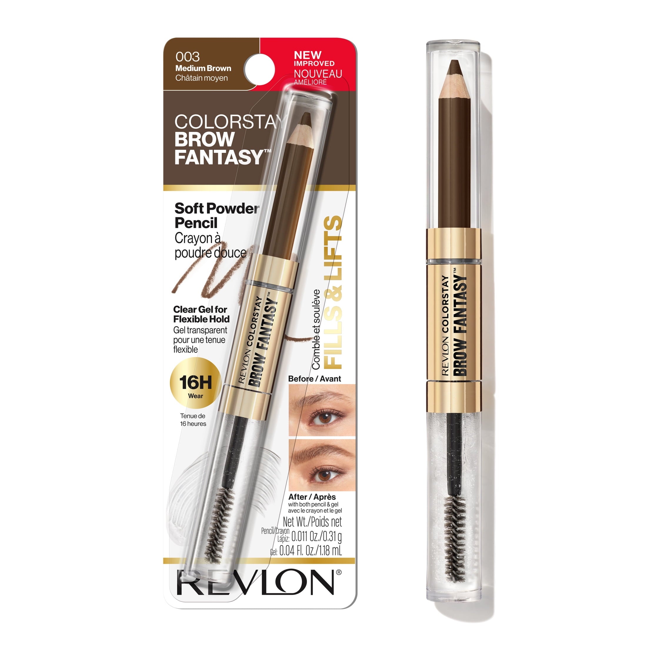 (2 pack) Revlon ColorStay Brow Fantasy, Eyebrow Pencil with Clear Shaping Gel, 003 Medium Brown