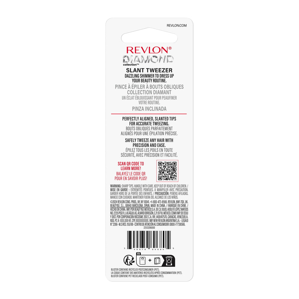 Revlon Diamond Slanted Tip Tweezers, High-Precision Hair Removal, Pink & Purple, 1 Count, 1 count