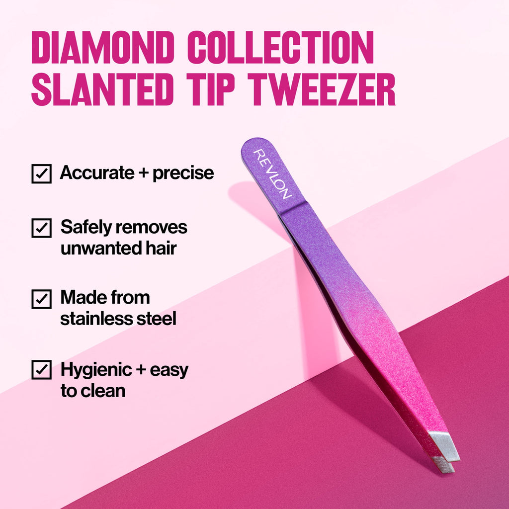 Revlon Diamond Slanted Tip Tweezers, High-Precision Hair Removal, Pink & Purple, 1 Count, 1 count