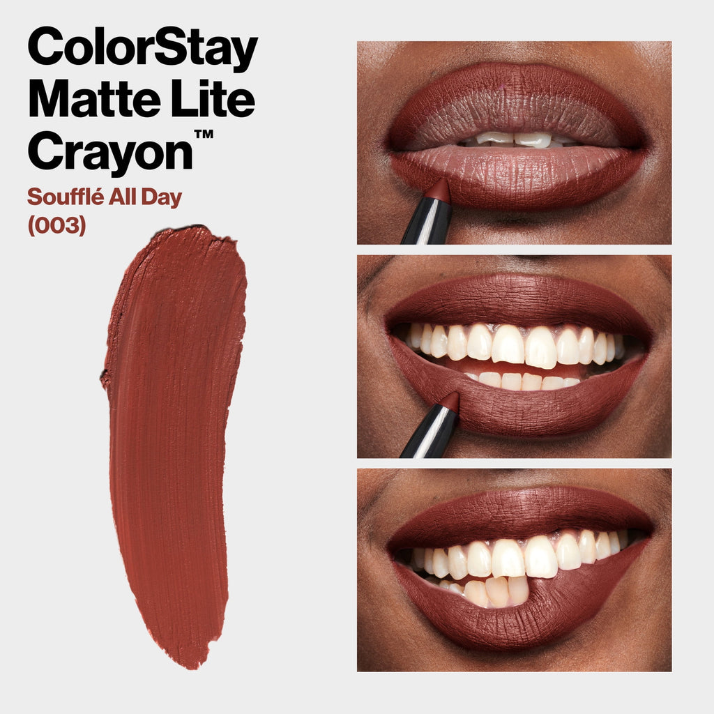 Revlon ColorStay Matte Lite Crayon Lipstick with Built-in Sharpener, Smudgeproof, Water-Resistant Non-Drying Lipcolor, 003 SoufflÃ© All Day, 0.049 oz