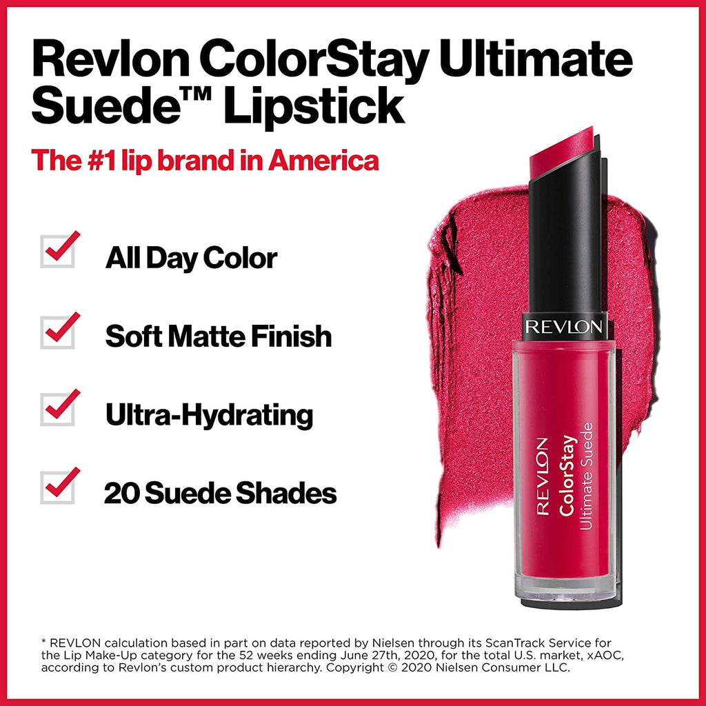 Revlon Lipstick, ColorStay Ultimate Suede Lipstick, High Impact Lip color with Moisturizing Creamy Formula, Infused with Vitamin E, 010 Finale, 0.09 Oz